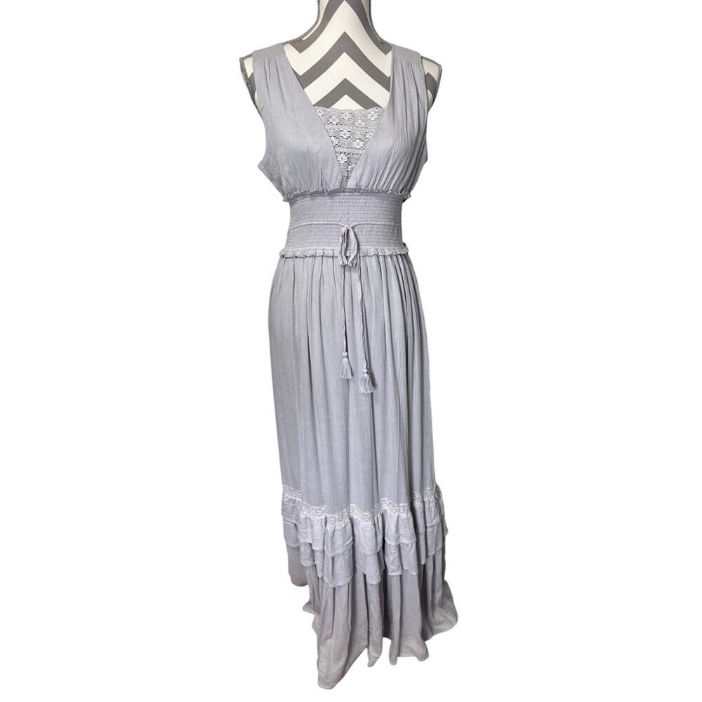 In Bloom Small Lavender Long Maxi Dress Smocked Fitted Waist Lace Layers